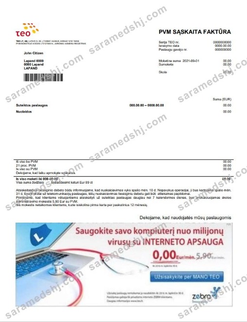 Lithuania Teo utility bill template in Word and PDF format (.doc and .pdf)